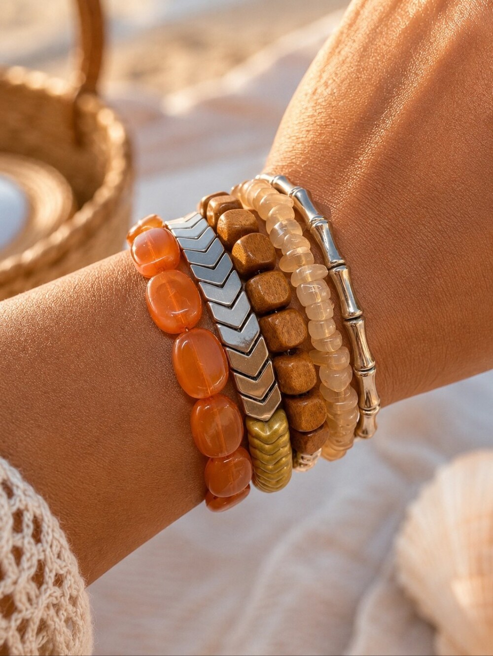 Layered Orange and Neutral Bead Bracelet Set